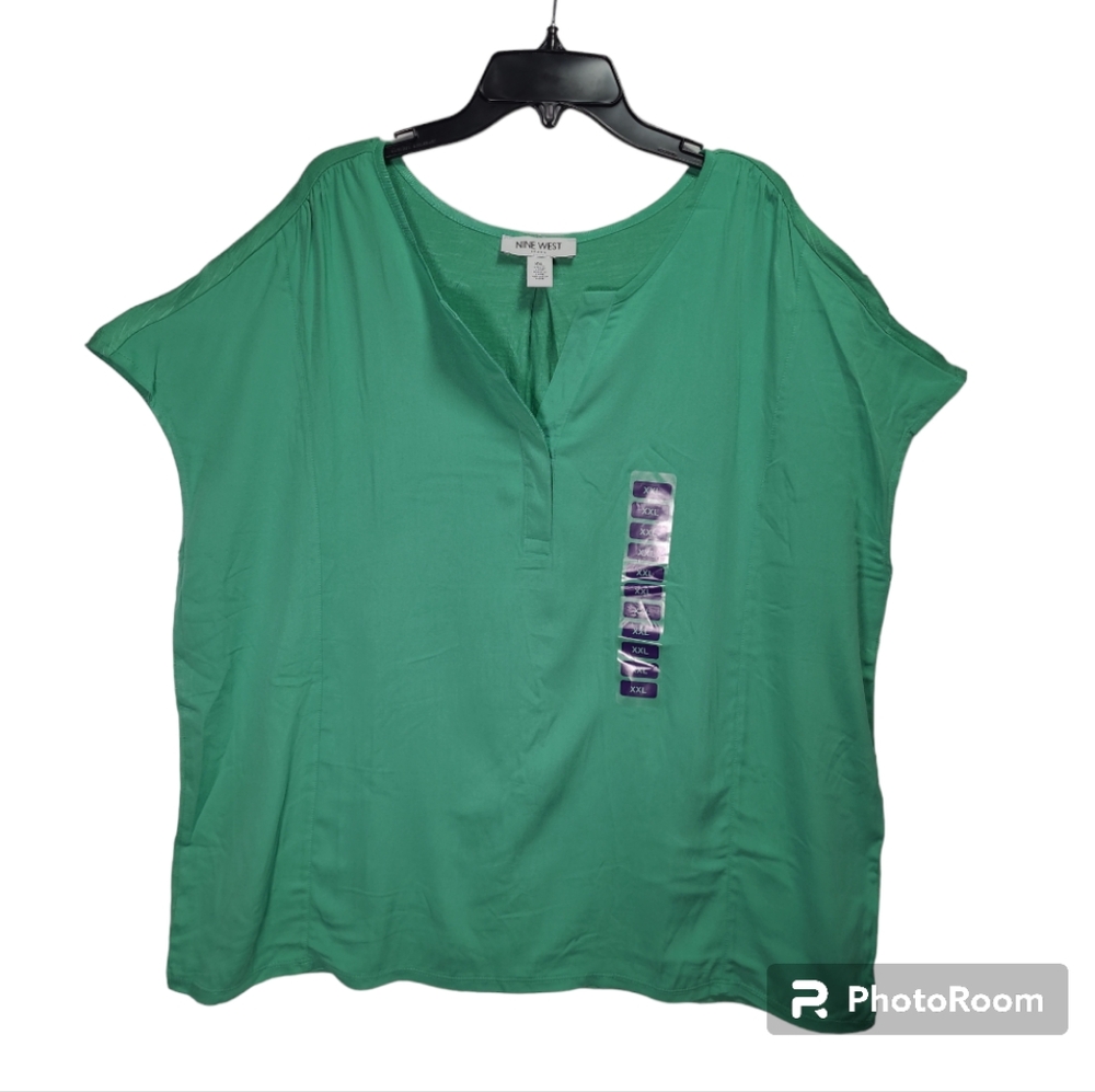 Nine West Women's Cap Sleeve V-Neck Fashion Top Green Spruce Size XX-Large